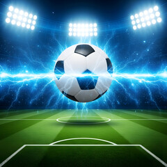 Naklejka premium Soccer ball in spotlight on green football field