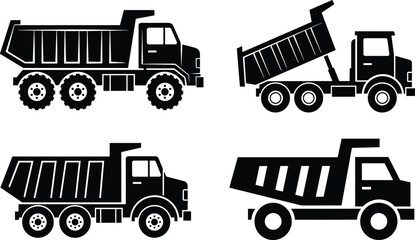 Dump truck silhouette set featuring construction hauling vehicles in multiple views vector illustration isolated on white background design © Chopon