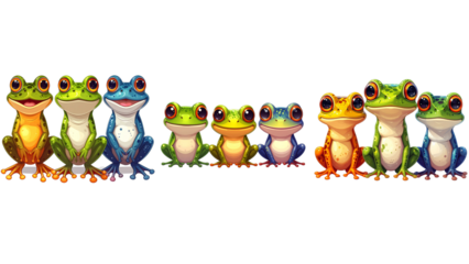 Playful Frog Cartoon Set with Big Eyes and Bright Colors, isolated PNG