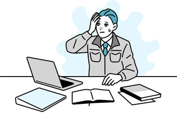 デスクで作業をしている作業着の男性のイラスト