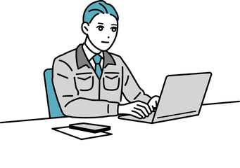 デスクで作業をしている作業着の男性のイラスト