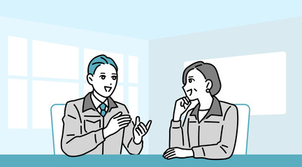 会議室で話している作業着の男女のイラスト