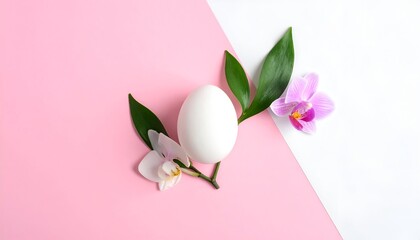 Fototapeta premium A white egg nestled among green leaves and delicate flowers on a pastel pink and white background