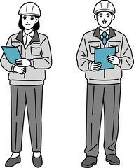 ヘルメットをしている作業員の男女の全身イラスト