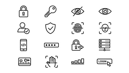 Password authentication security icon set. Login verification biometric fingerprint face recognition key lock shield privacy. 16 line icons minimal stroke