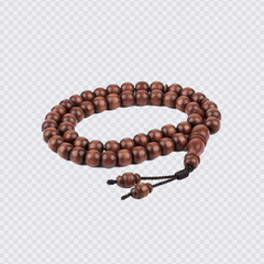 Obraz premium A traditional string of wooden prayer beads (Tasbih, Misbaha, or Japa Mala) in a rich brown color with a black tassel, used for spiritual meditation or religious practices.