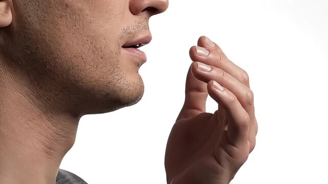 Man speaking with hand gesture near mouth isolated on white background.