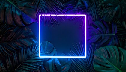 A vibrant neon frame surrounded by lush tropical leaves, creating a striking contrast against a dark background