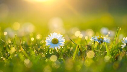 A close-up view of blooming daisies in a sunlit grassy field with sparkling dew drops in the background