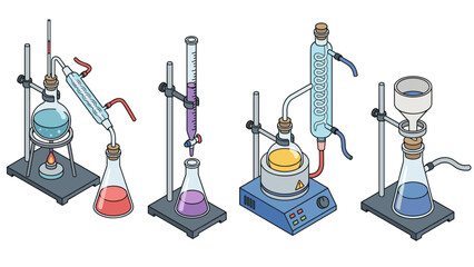Isometric vector set of chemistry laboratory experiment scenes with glassware apparatus: distillation setup, titration burette, reflux condenser on hotplate, vacuum filtration