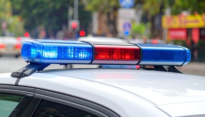 A close-up of a police car's emergency light bar with blue and red lights flashing on a city street
