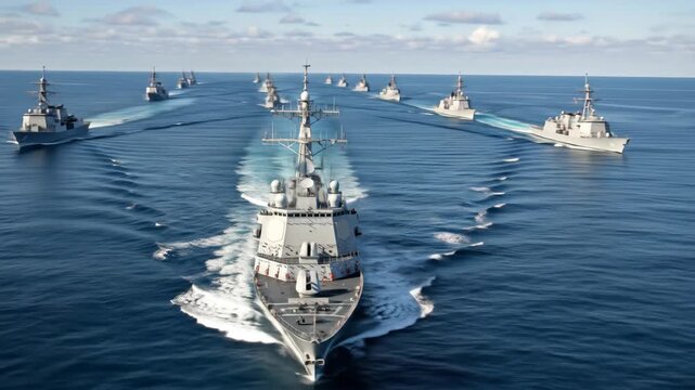 Fleet of Modern Naval Destroyers Sailing in Formation on a Clear Day for Indian Navy Day Celebrations