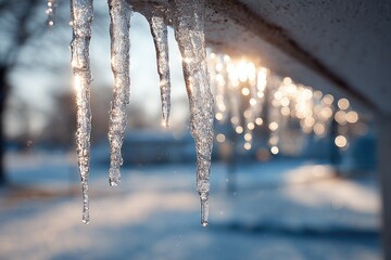 Icicles hanging from a roof with a blurred winter background.