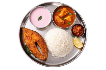 Indian fish thali meal with rice and curry