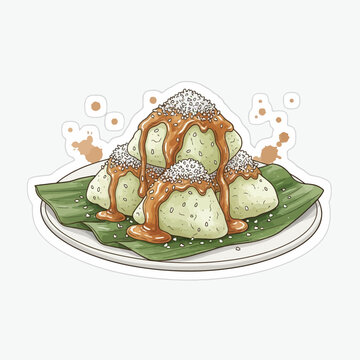 Illustration of green lupis food drizzled with brown sauce and sprinkled with white flakes