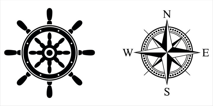 Navigational icons: a ship wheel and compass rose for maritime journey and exploration