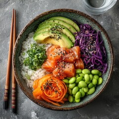 Vibrant sushi bowl with fresh vegetables and salmon slices.