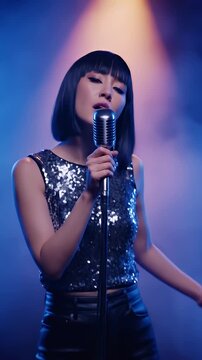 Female singer performing on stage with retro microphone and spotlight