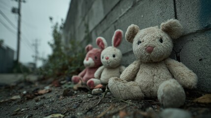 Abandoned stuffed animals against a wall on a gloomy day.