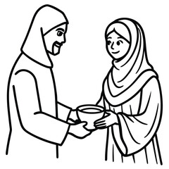 Fototapeta premium Muslim man and woman sharing a bowl of food for zakat or charity line art