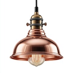 Vintage copper pendant lamp with industrial design and clear bulb.
