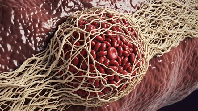 Red blood cells trapped in a network of fibrin fibers during blood clot formation.