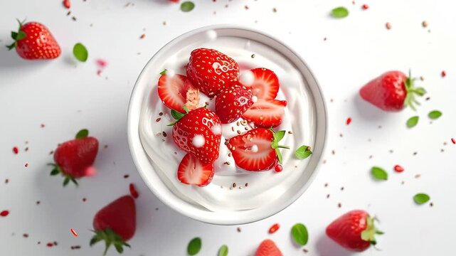 Overhead view of strawberries and cream in a bowl with scattered elements