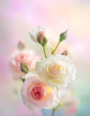 A delicate arrangement of pink and white roses with soft, blurred pastel background creating a dreamy atmosphere