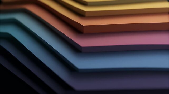A geometric composition featuring layers of colored rectangular surfaces, blending shades from yellow to blue. The forms create depth and visual interest