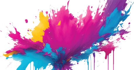 Fototapeta premium Bright colorful watercolor splash splatter stain brush strokes on white background. Modern vibrant aquarelle spot. Rainbow trendy isolated design on white. Generative AI