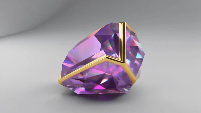 A geometric, faceted object with a golden border casts rainbow light. The gem is set on a gradient, neutral background, showcasing intricate reflections