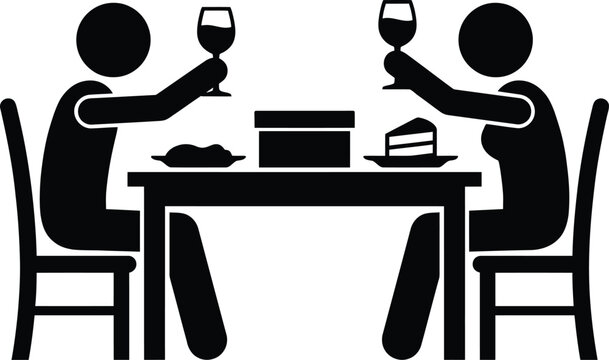 A couple enjoying a romantic dinner and making a toast with wine glasses in a simple icon