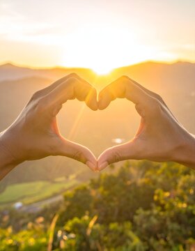 Two hands form a heart shape against a vibrant sunset, highlighting love and nature's beauty together