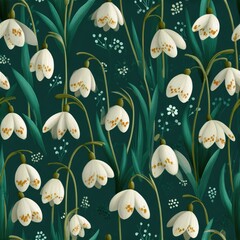 Delicate snowdrop flowers pattern on a dark green background.