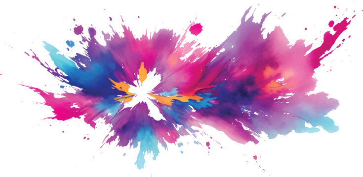 Colorful artistic watercolor ink splashes, paint splatters, and blot designs on a white paper texture background