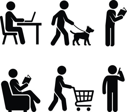 Icons of daily life activities including working, dog walking, reading, shopping, and talking on the phone