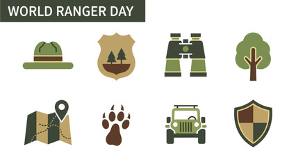 Graphic icons related to World Ranger Day including hat badge binoculars tree map paw print jeep and shield © Agung