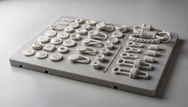 Medium shot of matte 3Dprinted jacket trim prototypes including buttons and cord locks arranged neatly on a sample tray showcasing texture and finish.