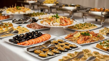 Variety of food on plates buffet.