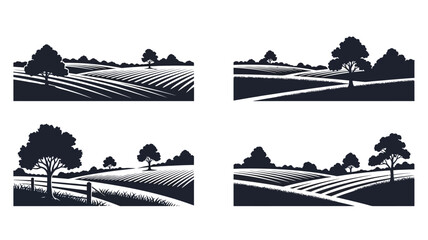Rolling hills and farmland presented in a black and white woodcut style © Santirani
