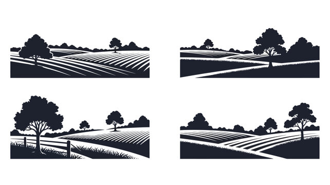 Rolling hills and farmland presented in a black and white woodcut style
