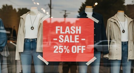 Fashion Store Flash Sale 25 Percent Off Displayed on Window.