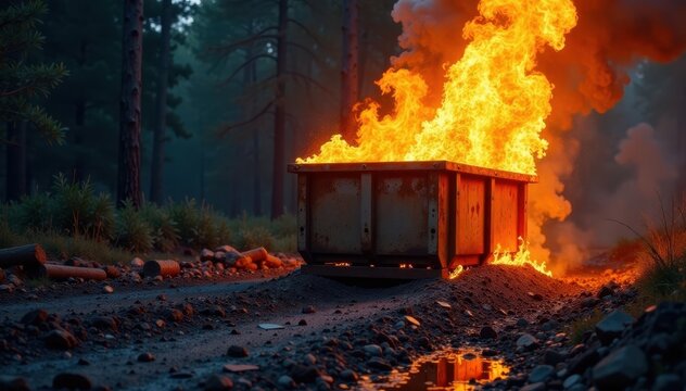 A dumpster on fire with flames engulfing the surrounding area and debris scattered everywhere, disaster, danger