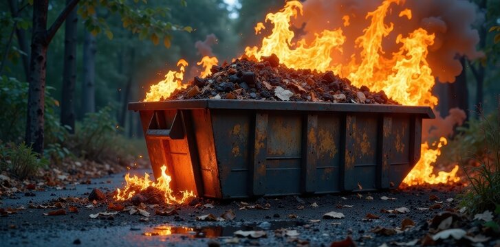 A dumpster ablaze with flames and burning trash, destruction, chaos