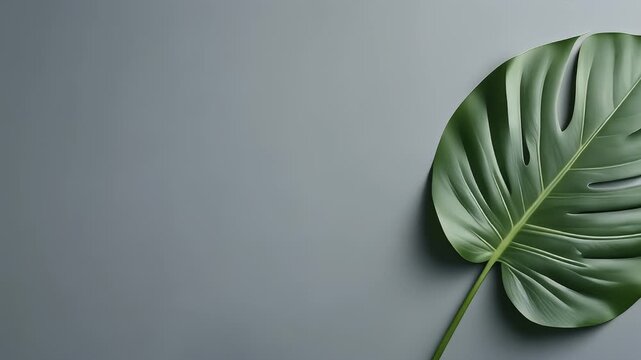 A large, green leaf of a tropical plant is diagonally positioned on a muted gray background. The leaf is detailed and smooth