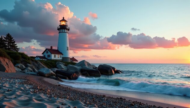 A lighthouse standing alone on the shore of Lake Michigan , trees, light tower