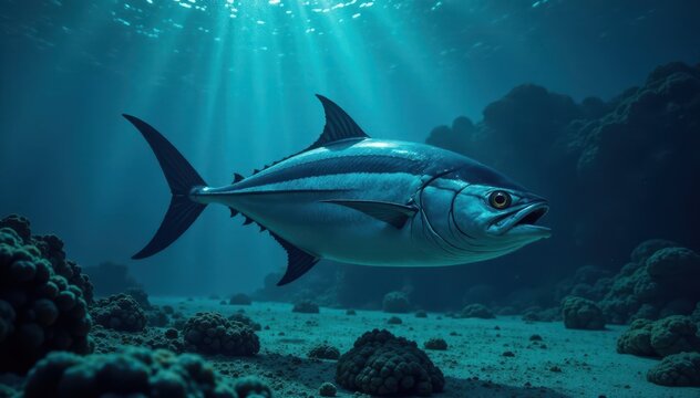 A large tuna fish swims alone, exploring the dark depths of the ocean floor , sea creatures, depth