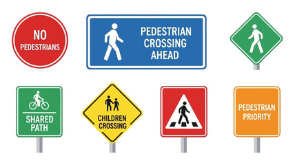 Collection of common pedestrian and bicycle road signs on a white background © Sumon