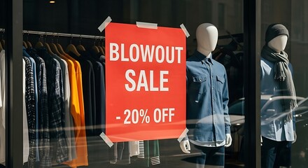 Red Blowout Sale Sign in Store Window with Mannequins and Clothing Racks.