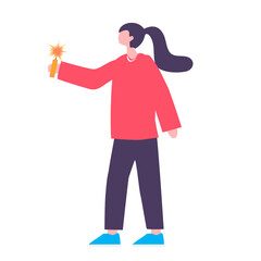 Girl with a firecracker. Festive pyrotechnics, vector illustration